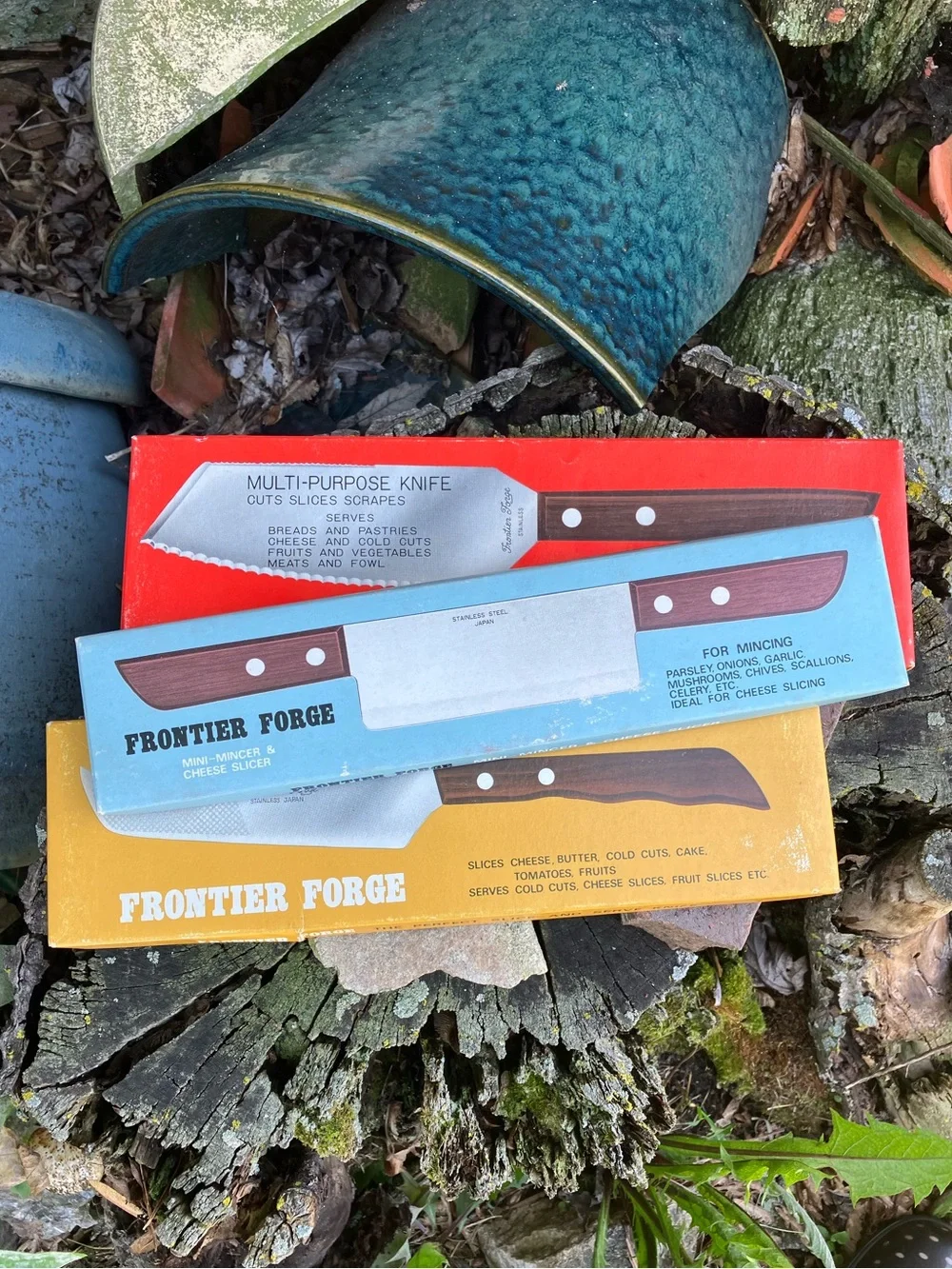 Vintage Frontier Forge Japan Knife Set of 3 in Boxes Mincer Cheese Multi-Purpose